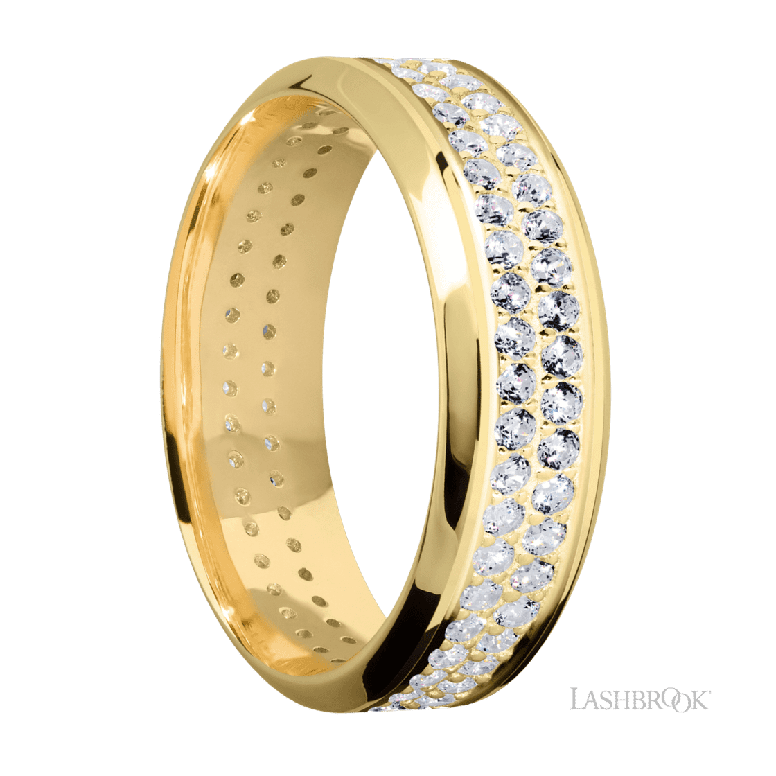 7 mm wide/High Bevel/14K Yellow Gold band with a 2 Row Eternity arrangement of .015 carat Round Diamond stones in a Bead Channel setting.-Wedding Band-Lashbrook Designs-I don' know or see my size-hurdles-jewelry-boulder-colorado