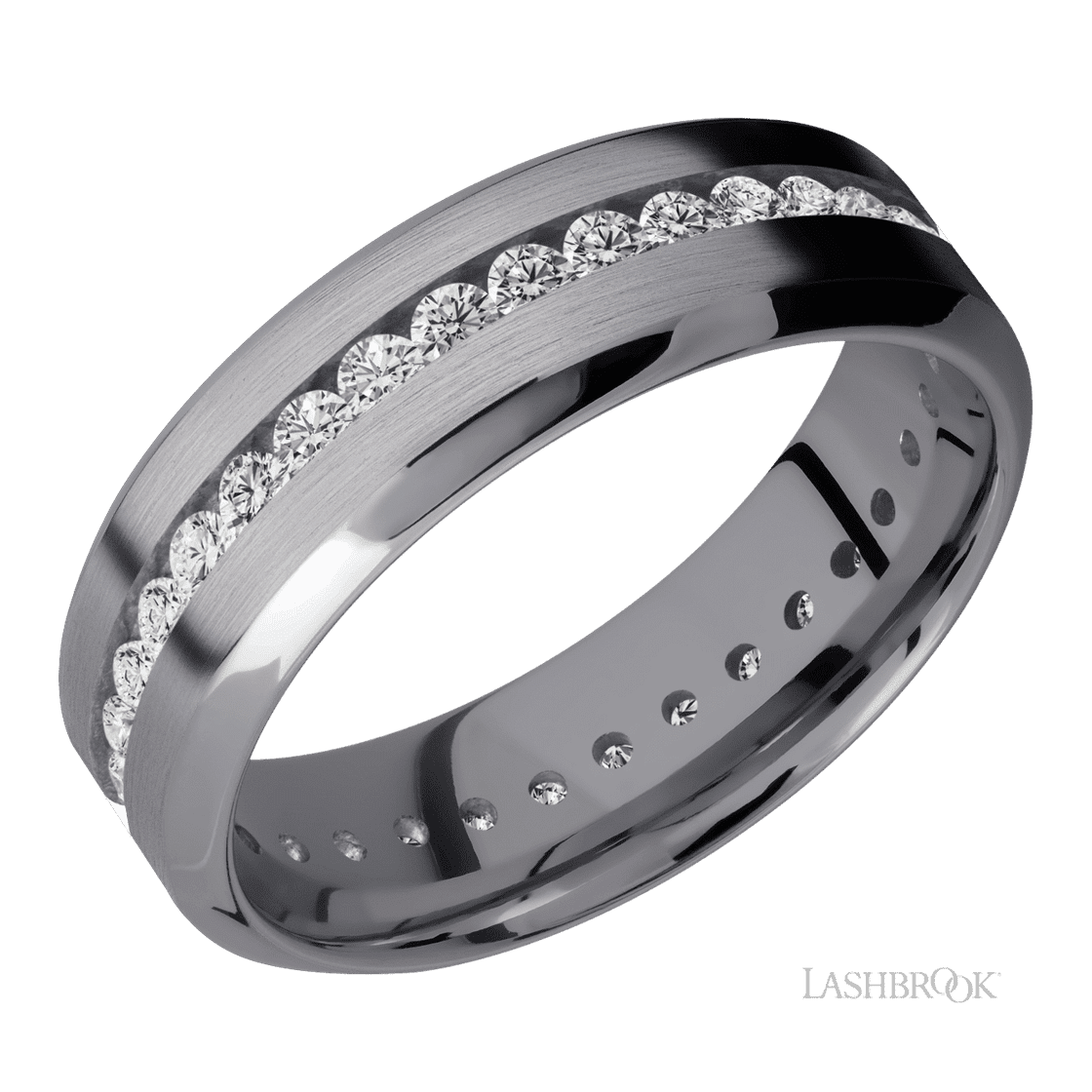 7 mm wide/High Bevel/Tantalum band with an Eternity arrangement of .03 carat Round Lab Grown Diamond stones in a Channel setting.-Wedding Band-Lashbrook Designs-I don' know or see my size-hurdles-jewelry-boulder-colorado