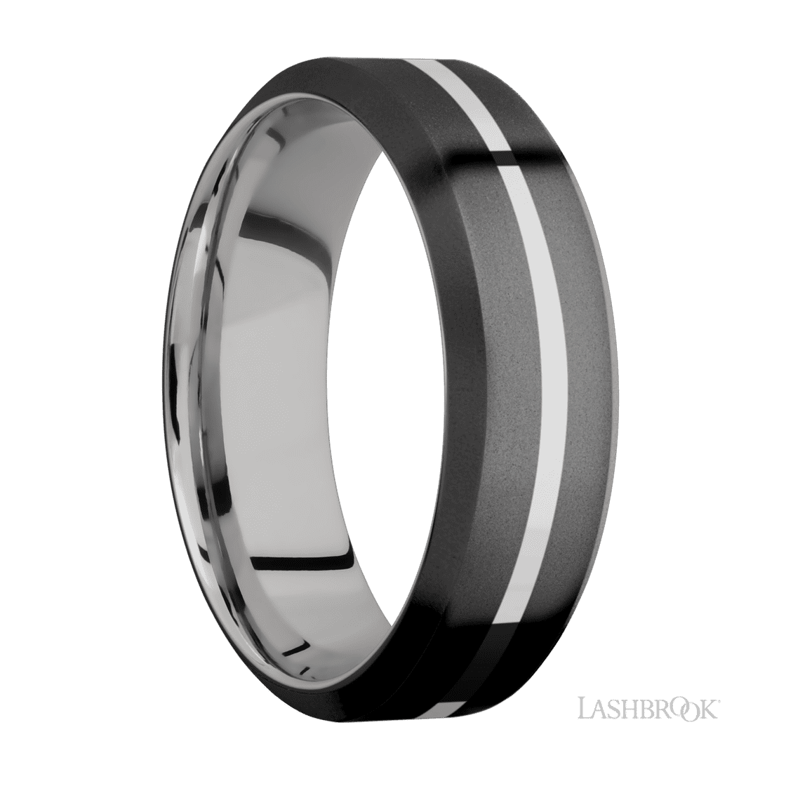 7 mm wide/High Bevel/Zirconium band with one 1 mm Centered inlay of Palladium Silver also featuring a Palladium Silver sleeve.-Wedding Band-Lashbrook Designs-I don' know or see my size-hurdles-jewelry-boulder-colorado