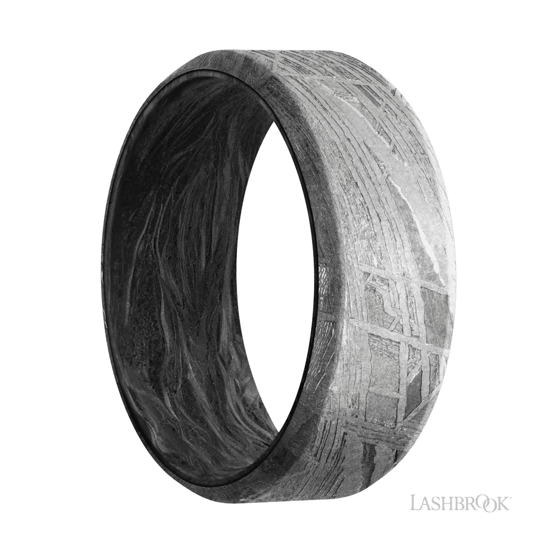 8 mm wide Beveled Meteorite band featuring a Forged Carbon Fiber sleeve.-Wedding Band-Lashbrook Designs-I don' know or see my size-hurdles-jewelry-boulder-colorado