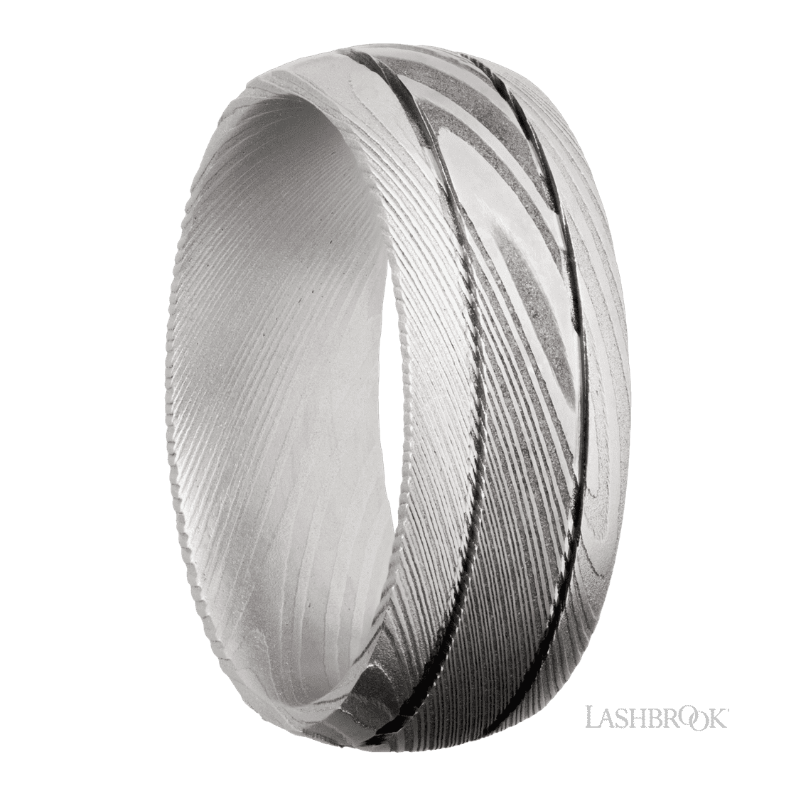 8 mm wide Domed with two accent grooves Damascus band.-Wedding Band-Lashbrook Designs-I don' know or see my size-hurdles-jewelry-boulder-colorado