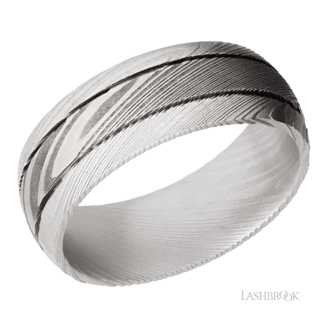 8 mm wide Domed with two accent grooves Damascus band.-Wedding Band-Lashbrook Designs-I don' know or see my size-hurdles-jewelry-boulder-colorado