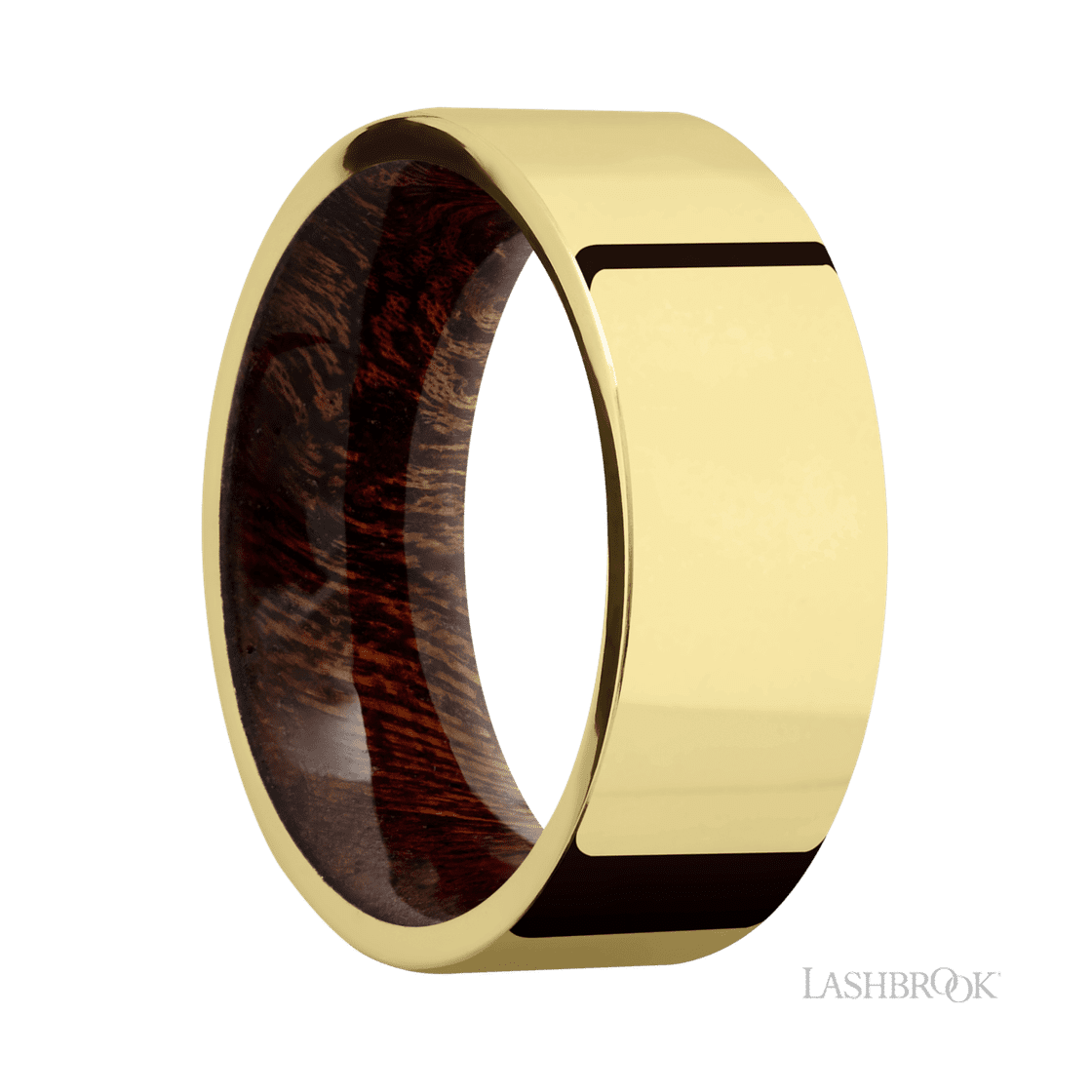 8 mm wide Flat 14K Yellow Gold band featuring a Sapele sleeve.-Wedding Band-Lashbrook Designs-I don' know or see my size-hurdles-jewelry-boulder-colorado