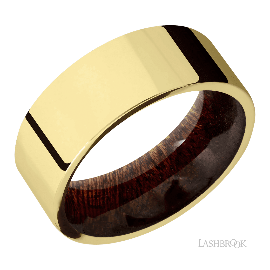 8 mm wide Flat 14K Yellow Gold band featuring a Sapele sleeve.-Wedding Band-Lashbrook Designs-I don' know or see my size-hurdles-jewelry-boulder-colorado