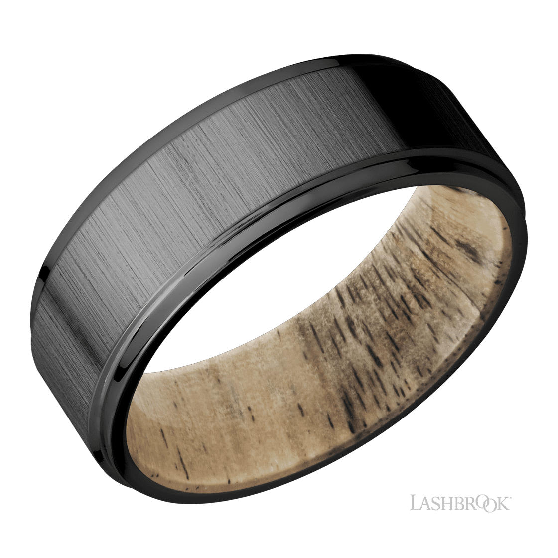 8 mm wide Flat Grooved Edges Zirconium band featuring a Spalted Tamarind sleeve.-Wedding Band-Lashbrook Designs-I don' know or see my size-hurdles-jewelry-boulder-colorado
