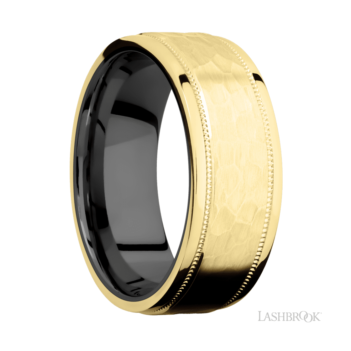 8 mm wide Flat Stepped Edges Milgrain 14K Yellow Gold band featuring a Zirconium sleeve.-Wedding Band-Lashbrook Designs-I don' know or see my size-hurdles-jewelry-boulder-colorado