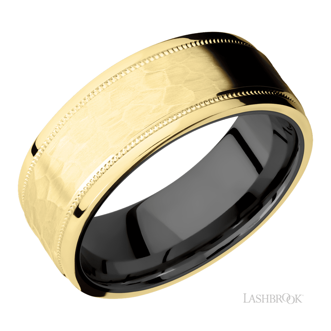 8 mm wide Flat Stepped Edges Milgrain 14K Yellow Gold band featuring a Zirconium sleeve.-Wedding Band-Lashbrook Designs-I don' know or see my size-hurdles-jewelry-boulder-colorado