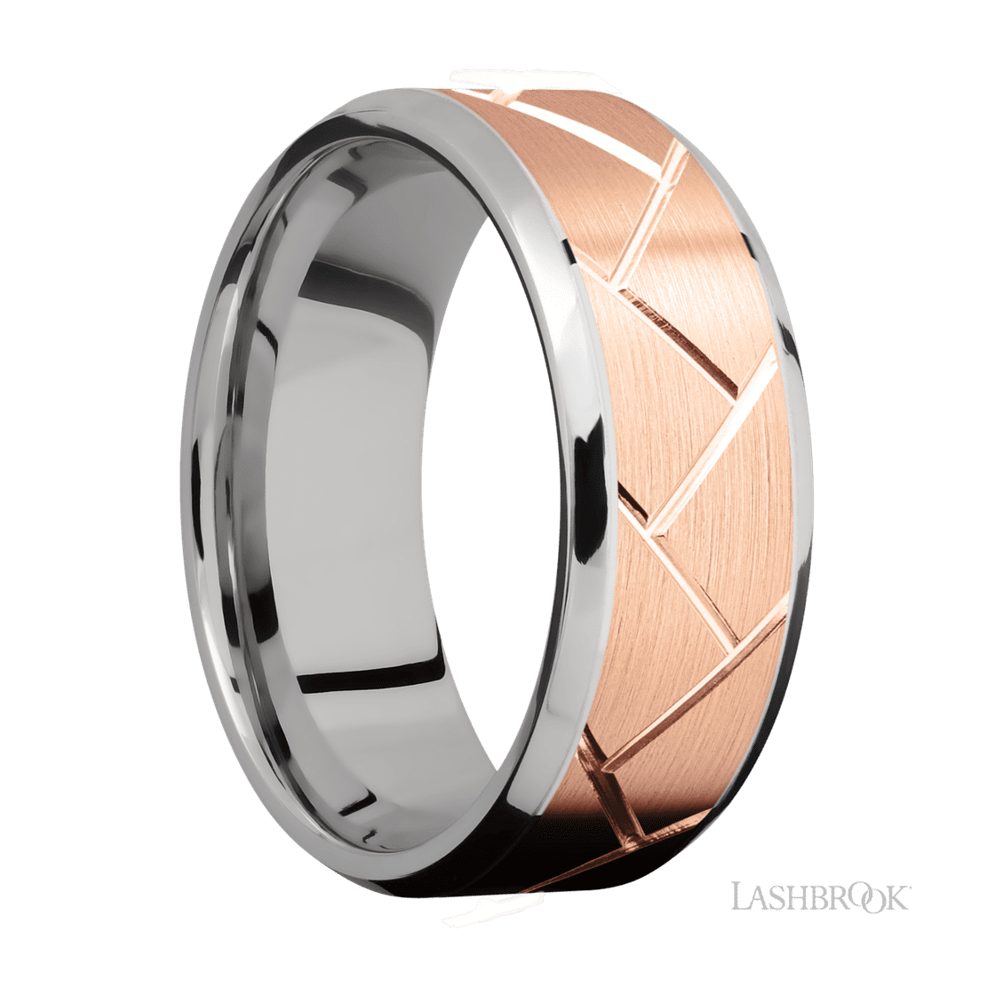8 mm wide/Beveled/14K White Gold band with one 6 mm Centered inlay of 14K Rose Gold with a machined Flatweave pattern.-Wedding Band-Lashbrook Designs-I don' know or see my size-hurdles-jewelry-boulder-colorado