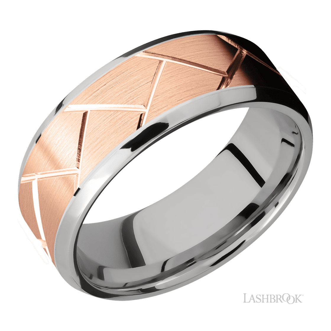 8 mm wide/Beveled/14K White Gold band with one 6 mm Centered inlay of 14K Rose Gold with a machined Flatweave pattern.-Wedding Band-Lashbrook Designs-I don' know or see my size-hurdles-jewelry-boulder-colorado