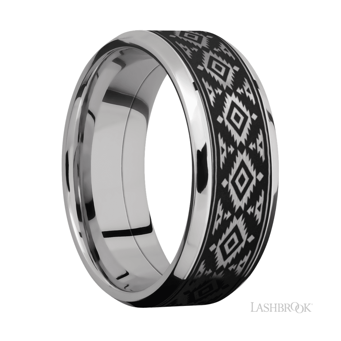 8 mm wide/Beveled/Cobalt Chrome band with one 6 mm Centered inlay of Tantalum with a laser carved Aztec 2 pattern.-Wedding Band-Lashbrook Designs-I don' know or see my size-hurdles-jewelry-boulder-colorado
