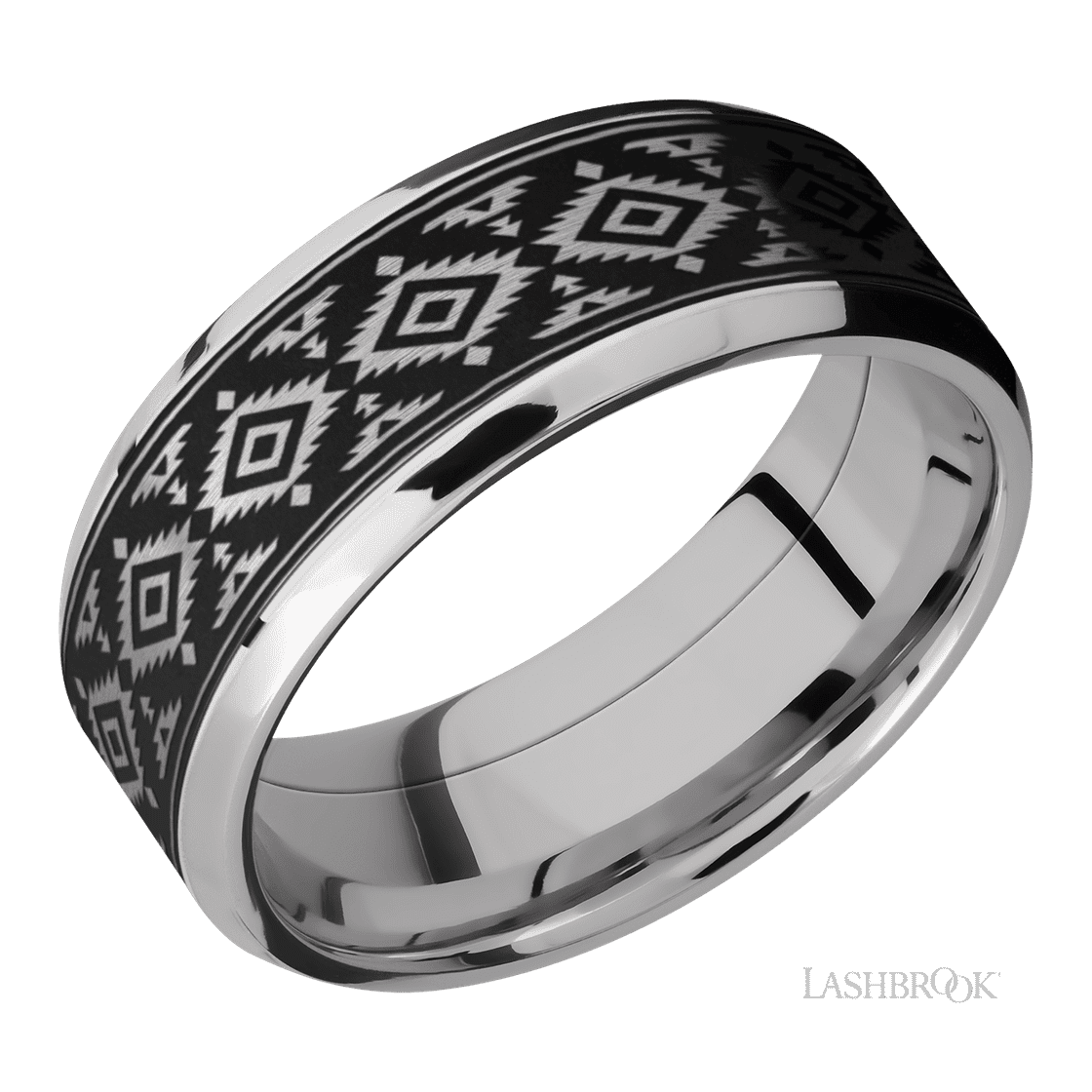 8 mm wide/Beveled/Cobalt Chrome band with one 6 mm Centered inlay of Tantalum with a laser carved Aztec 2 pattern.-Wedding Band-Lashbrook Designs-I don' know or see my size-hurdles-jewelry-boulder-colorado