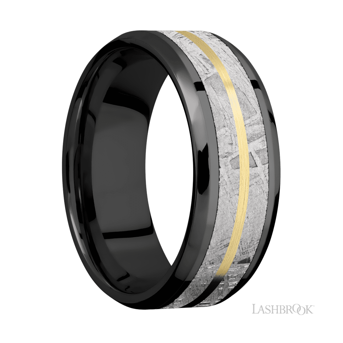 8 mm wide/Beveled/Zirconium band featuring inlays of Meteorite and 14K Yellow Gold.-Wedding Band-Lashbrook Designs-I don' know or see my size-hurdles-jewelry-boulder-colorado