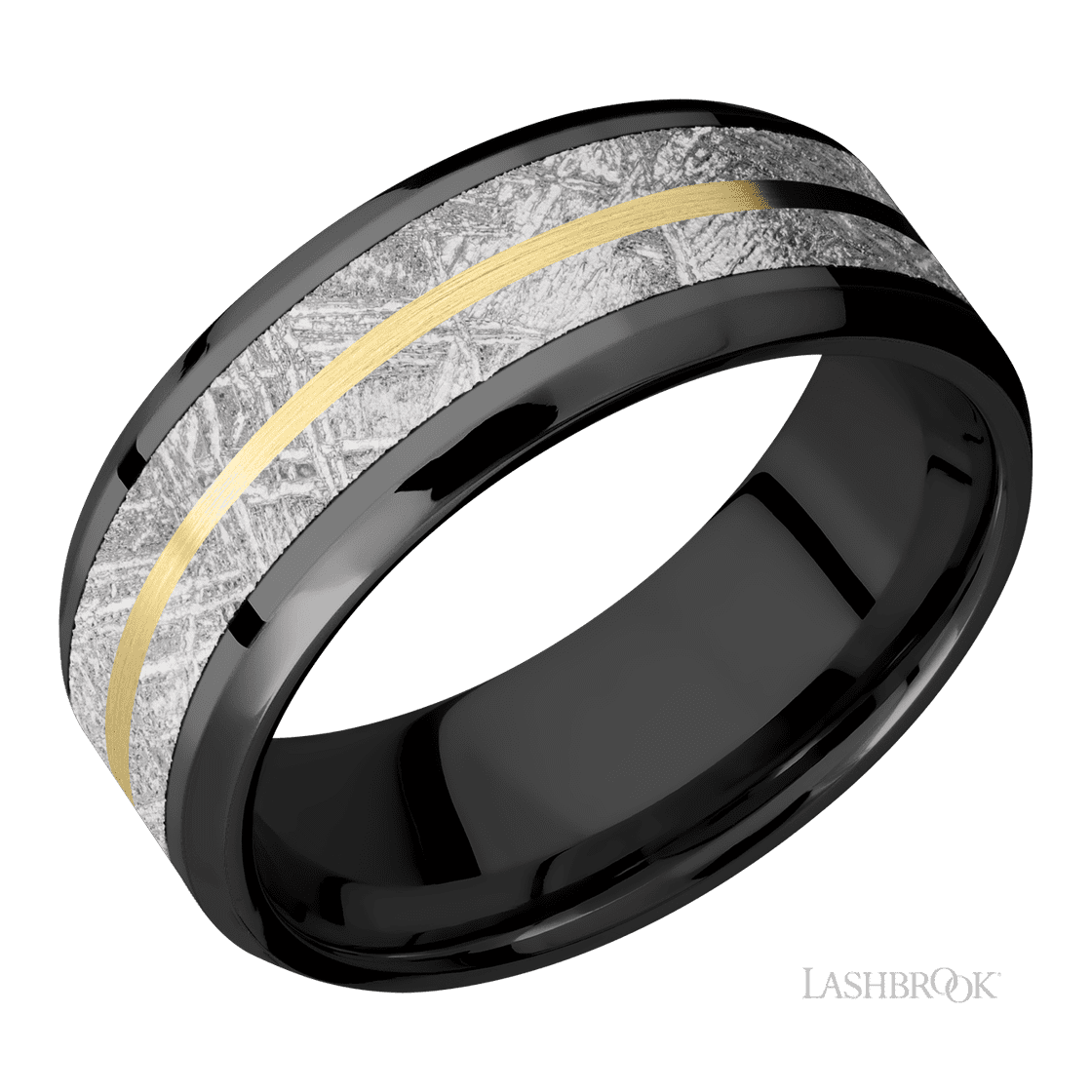 8 mm wide/Beveled/Zirconium band featuring inlays of Meteorite and 14K Yellow Gold.-Wedding Band-Lashbrook Designs-I don' know or see my size-hurdles-jewelry-boulder-colorado