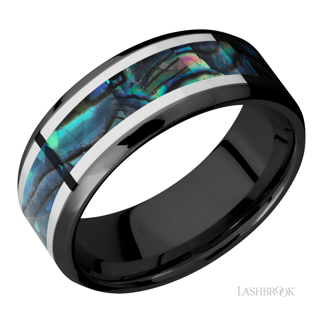 8 mm wide/Beveled/Zirconium band featuring inlays of Palladium Silver and Abalone.-Wedding Band-Lashbrook Designs-I don' know or see my size-hurdles-jewelry-boulder-colorado