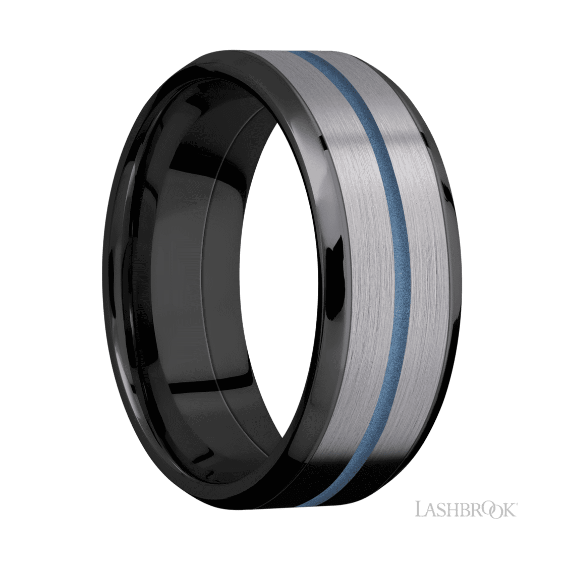 8 mm wide/Beveled/Zirconium band featuring inlays of Tantalum and Polar Blue.-Wedding Band-Lashbrook Designs-I don' know or see my size-hurdles-jewelry-boulder-colorado