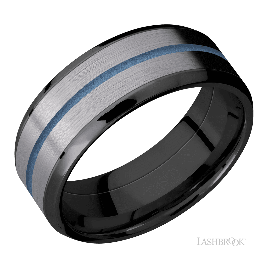 8 mm wide/Beveled/Zirconium band featuring inlays of Tantalum and Polar Blue.-Wedding Band-Lashbrook Designs-I don' know or see my size-hurdles-jewelry-boulder-colorado