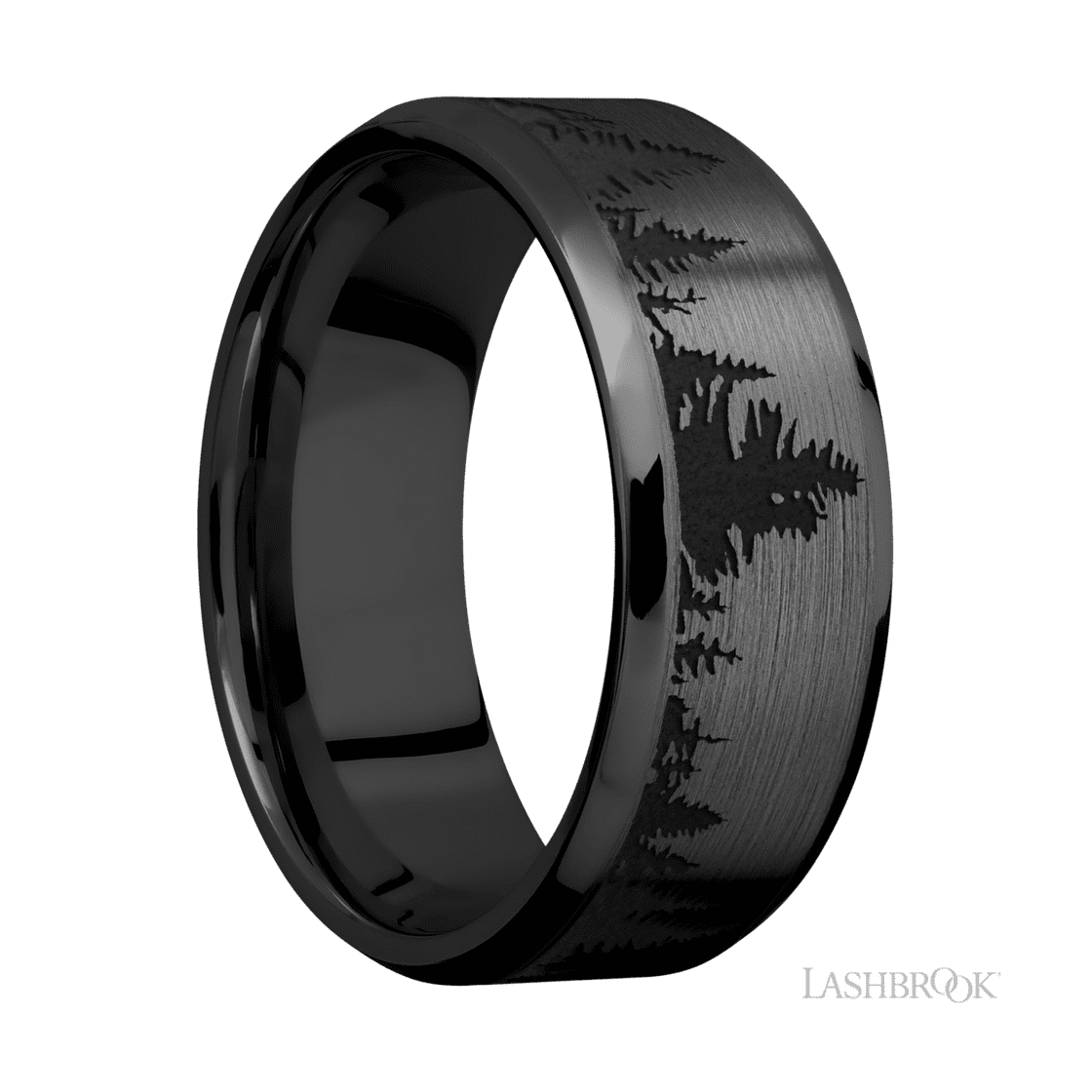 8 mm wide/Beveled/Zirconium band with a laser carved Trees pattern.-Wedding Band-Lashbrook Designs-I don' know or see my size-hurdles-jewelry-boulder-colorado