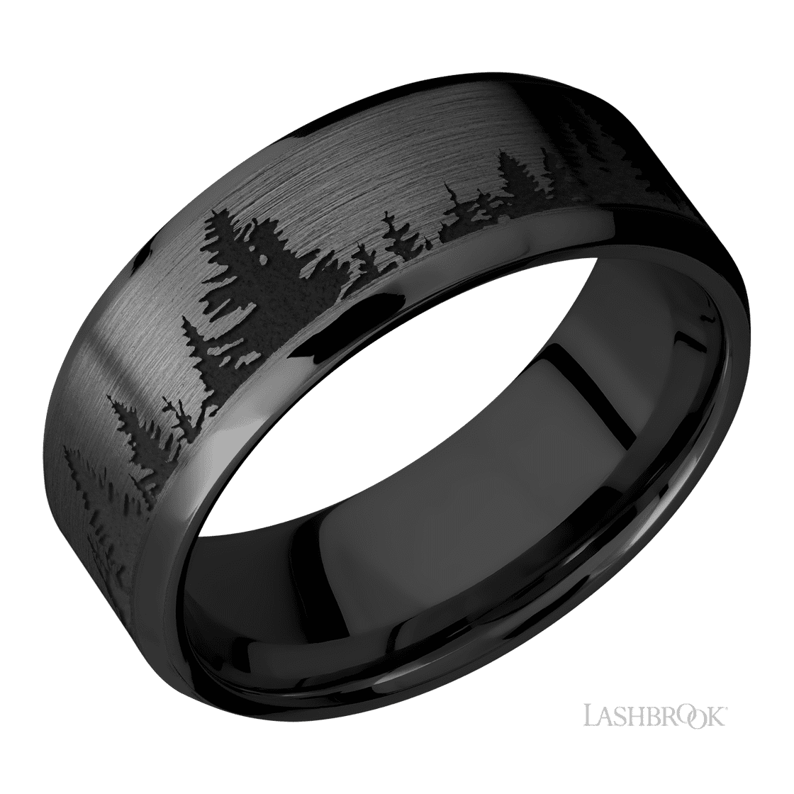 8 mm wide/Beveled/Zirconium band with a laser carved Trees pattern.-Wedding Band-Lashbrook Designs-I don' know or see my size-hurdles-jewelry-boulder-colorado