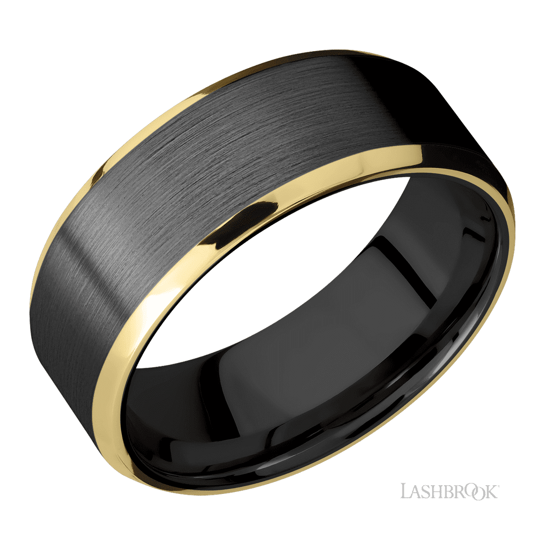 8 mm wide/Beveled/Zirconium band with two 1 mm Edge inlays of 14K Yellow Gold.-Wedding Band-Lashbrook Designs-I don' know or see my size-hurdles-jewelry-boulder-colorado