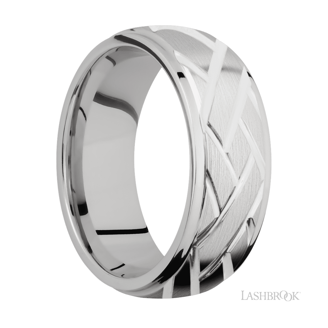 8 mm wide/Domed Stepped Down Edges/14K White Gold band with a machined Lattice pattern.-Wedding Band-Lashbrook Designs-I don' know or see my size-hurdles-jewelry-boulder-colorado