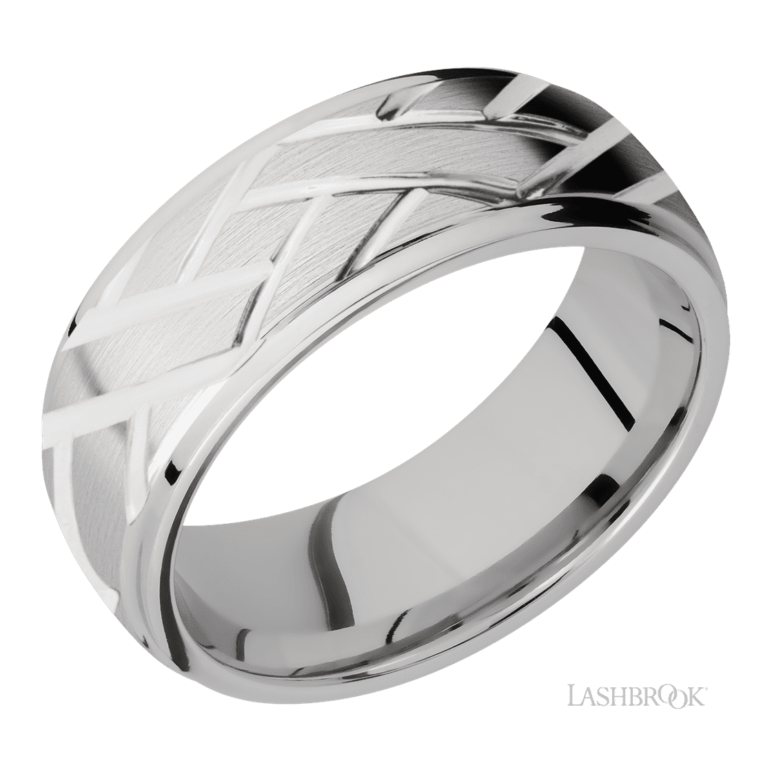 8 mm wide/Domed Stepped Down Edges/14K White Gold band with a machined Lattice pattern.-Wedding Band-Lashbrook Designs-I don' know or see my size-hurdles-jewelry-boulder-colorado