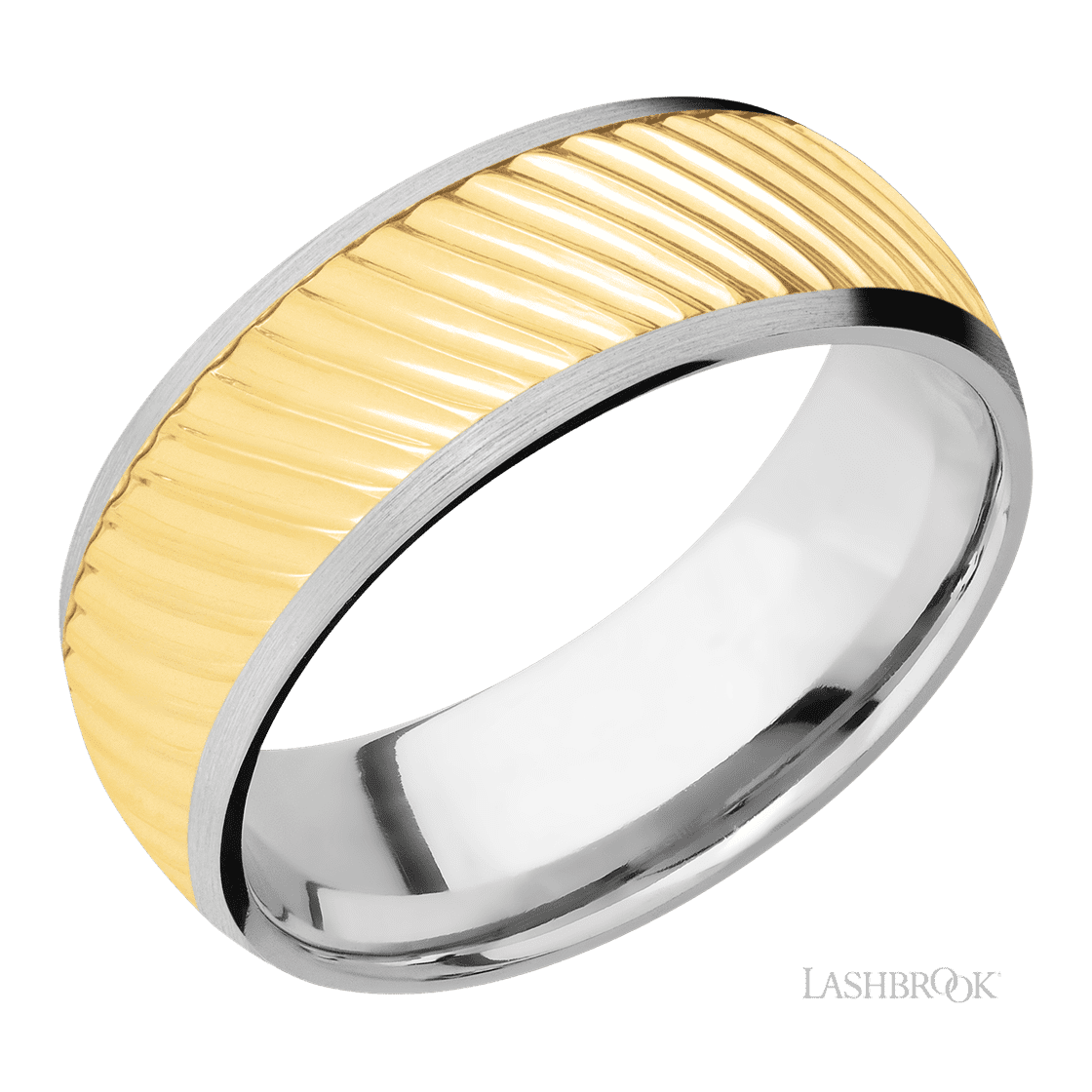 8 mm wide/Domed/14K White Gold band with one 6 mm Centered inlay of 14K Yellow Gold with a machined Ripple pattern.-Wedding Band-Lashbrook Designs-I don' know or see my size-hurdles-jewelry-boulder-colorado