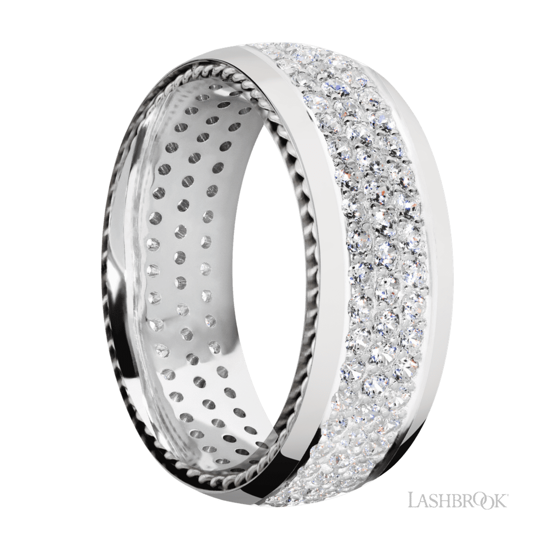 8 mm wide/Domed/14K White Gold band with two 1 mm Sidebraid inlays of 14K White Gold and featuring a 3 Row Eternity arrangement of .015 carat Round Diamond stones in a Bead Channel setting-Wedding Band-Lashbrook Designs-I don' know or see my size-hurdles-jewelry-boulder-colorado