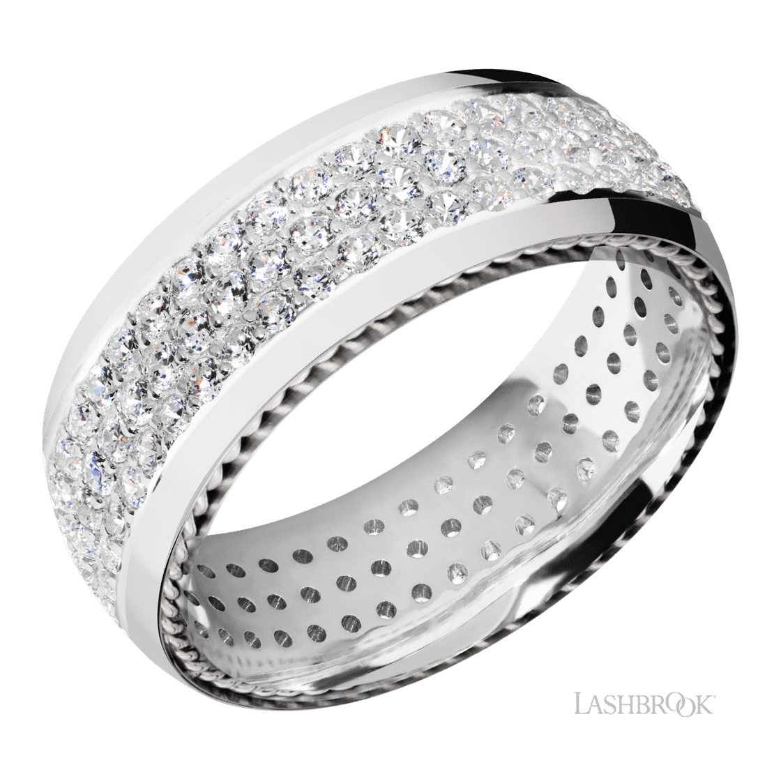 8 mm wide/Domed/14K White Gold band with two 1 mm Sidebraid inlays of 14K White Gold and featuring a 3 Row Eternity arrangement of .015 carat Round Diamond stones in a Bead Channel setting-Wedding Band-Lashbrook Designs-I don' know or see my size-hurdles-jewelry-boulder-colorado
