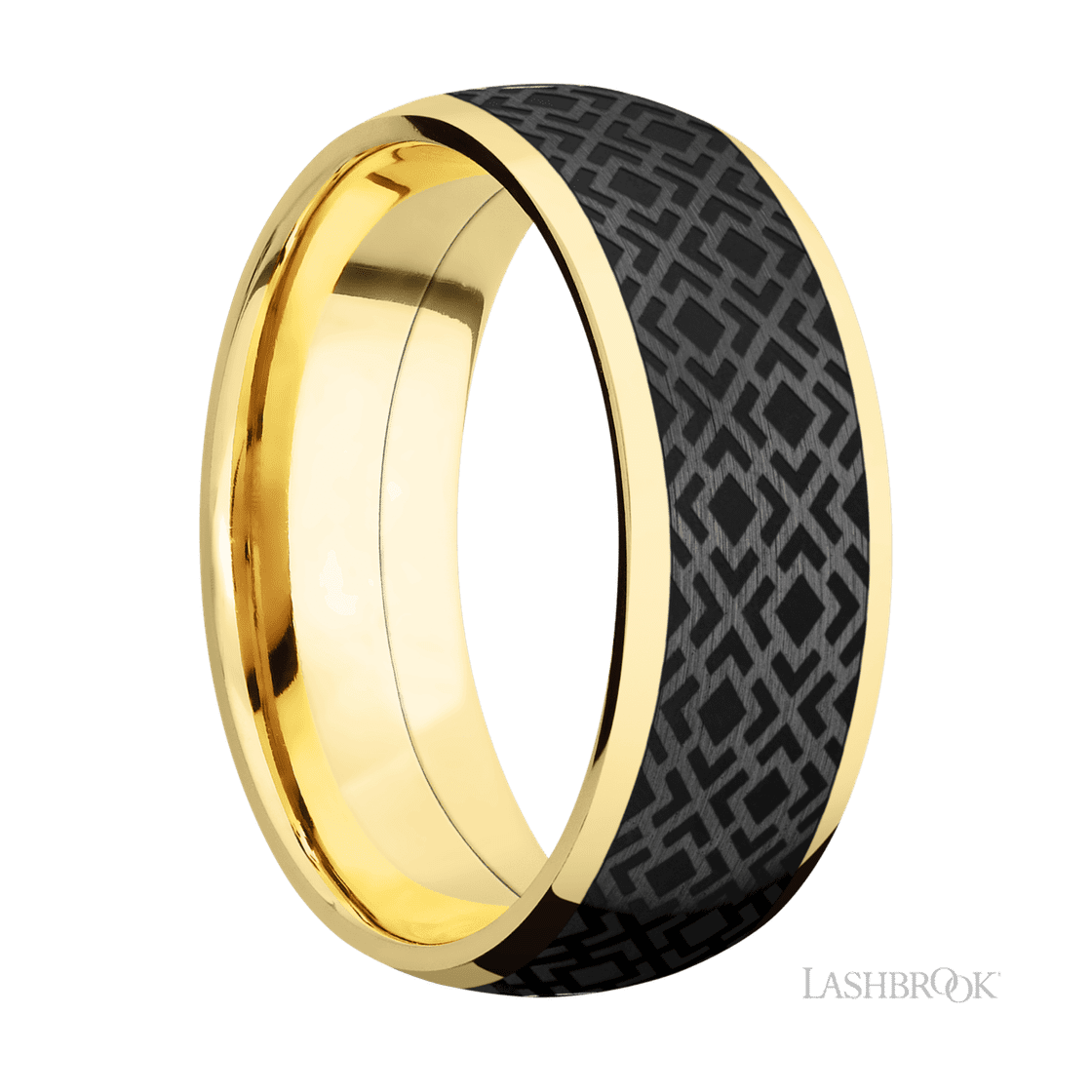 8 mm wide/Domed/14K Yellow Gold band with one 6 mm Centered inlay of Zirconium with a laser carved Trellis 2 pattern.-Wedding Band-Lashbrook Designs-I don' know or see my size-hurdles-jewelry-boulder-colorado