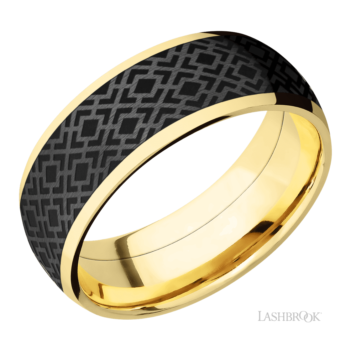 8 mm wide/Domed/14K Yellow Gold band with one 6 mm Centered inlay of Zirconium with a laser carved Trellis 2 pattern.-Wedding Band-Lashbrook Designs-I don' know or see my size-hurdles-jewelry-boulder-colorado