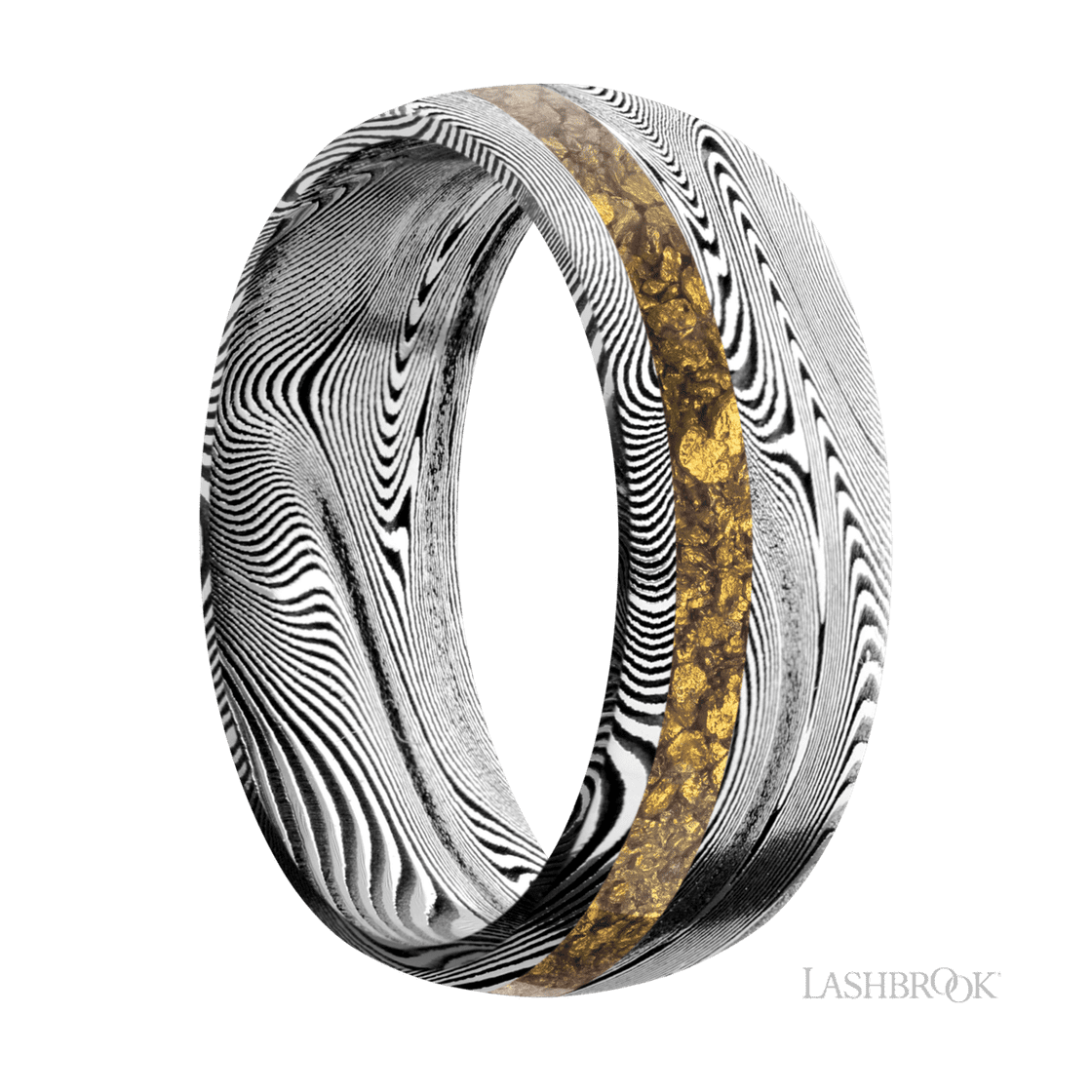 8 mm wide/Domed/Tightweave band with one 2 mm Off Center inlay of Alaskan Gold Nugget.-Wedding Band-Lashbrook Designs-I don' know or see my size-hurdles-jewelry-boulder-colorado