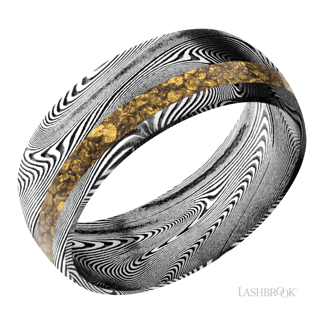 8 mm wide/Domed/Tightweave band with one 2 mm Off Center inlay of Alaskan Gold Nugget.-Wedding Band-Lashbrook Designs-I don' know or see my size-hurdles-jewelry-boulder-colorado