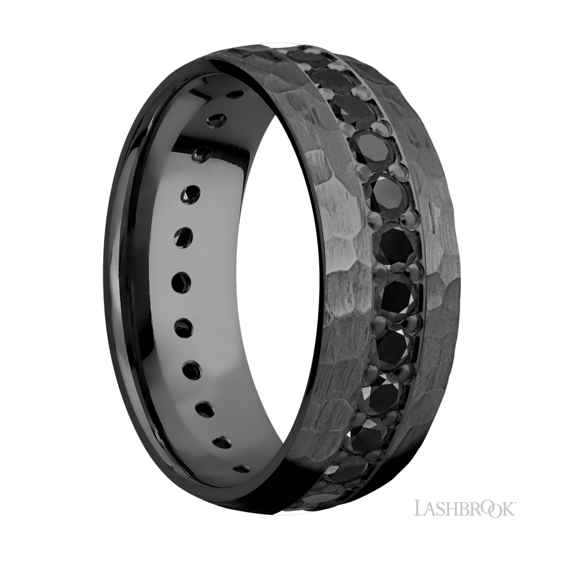 8 mm wide/Domed/Zirconium band with an Eternity arrangement of .05 carat Round Black Diamond stones in a Bead setting.-Wedding Band-Lashbrook Designs-I don' know or see my size-hurdles-jewelry-boulder-colorado