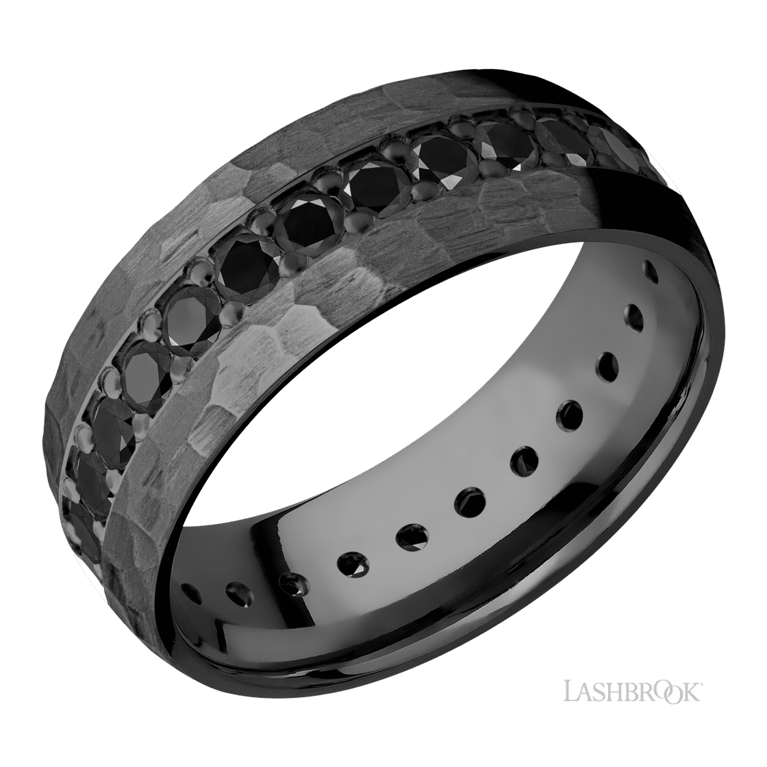 8 mm wide/Domed/Zirconium band with an Eternity arrangement of .05 carat Round Black Diamond stones in a Bead setting.-Wedding Band-Lashbrook Designs-I don' know or see my size-hurdles-jewelry-boulder-colorado