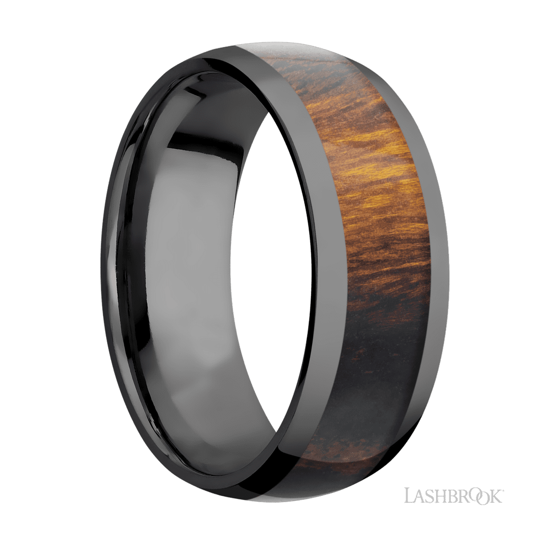 8 mm wide/Domed/Zirconium band with one 5 mm Centered inlay of Desert Iron Wood.-Wedding Band-Lashbrook Designs-I don' know or see my size-hurdles-jewelry-boulder-colorado