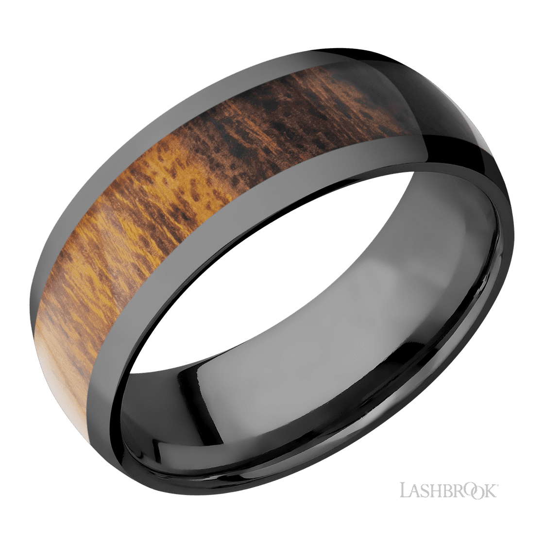 8 mm wide/Domed/Zirconium band with one 5 mm Centered inlay of Desert Iron Wood.-Wedding Band-Lashbrook Designs-I don' know or see my size-hurdles-jewelry-boulder-colorado
