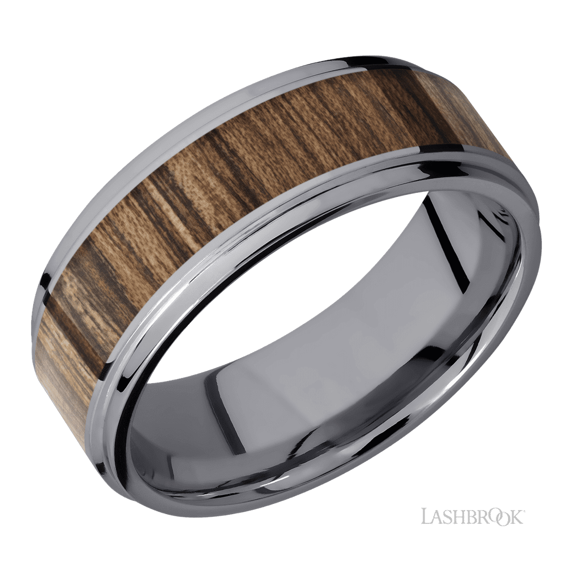8 mm wide/Flat Grooved Edges/Tantalum band with one 5 mm Centered inlay of Walnut.-Wedding Band-Lashbrook Designs-I don' know or see my size-hurdles-jewelry-boulder-colorado