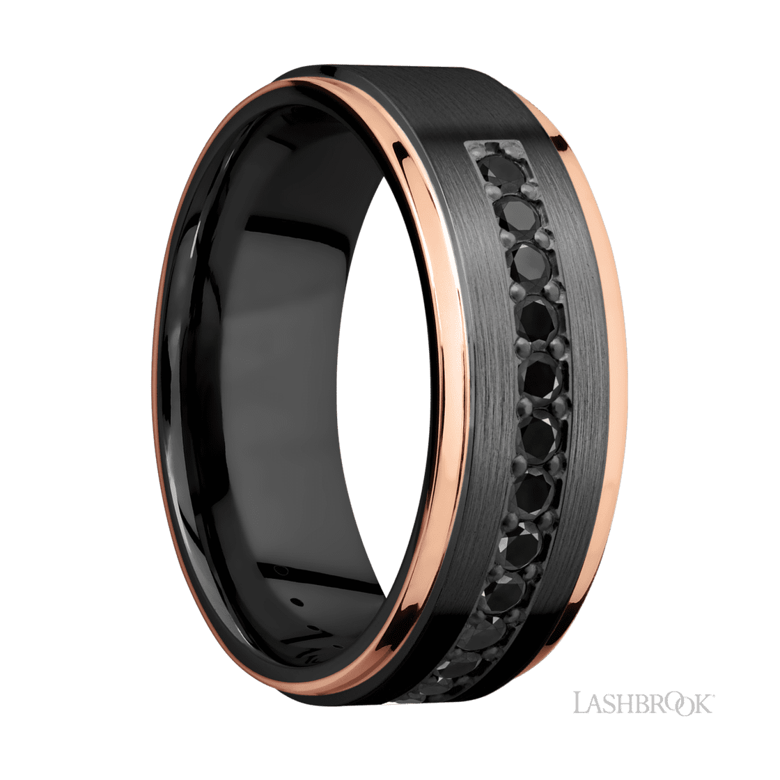 8 mm wide/Flat Grooved Edges/Zirconium band with a Half Eternity arrangement of .03 carat Round Black Diamond stones in a Bead setting and featuring two 1 mm Edge inlays of 14K Rose Gold-Wedding Band-Lashbrook Designs-I don' know or see my size-hurdles-jewelry-boulder-colorado