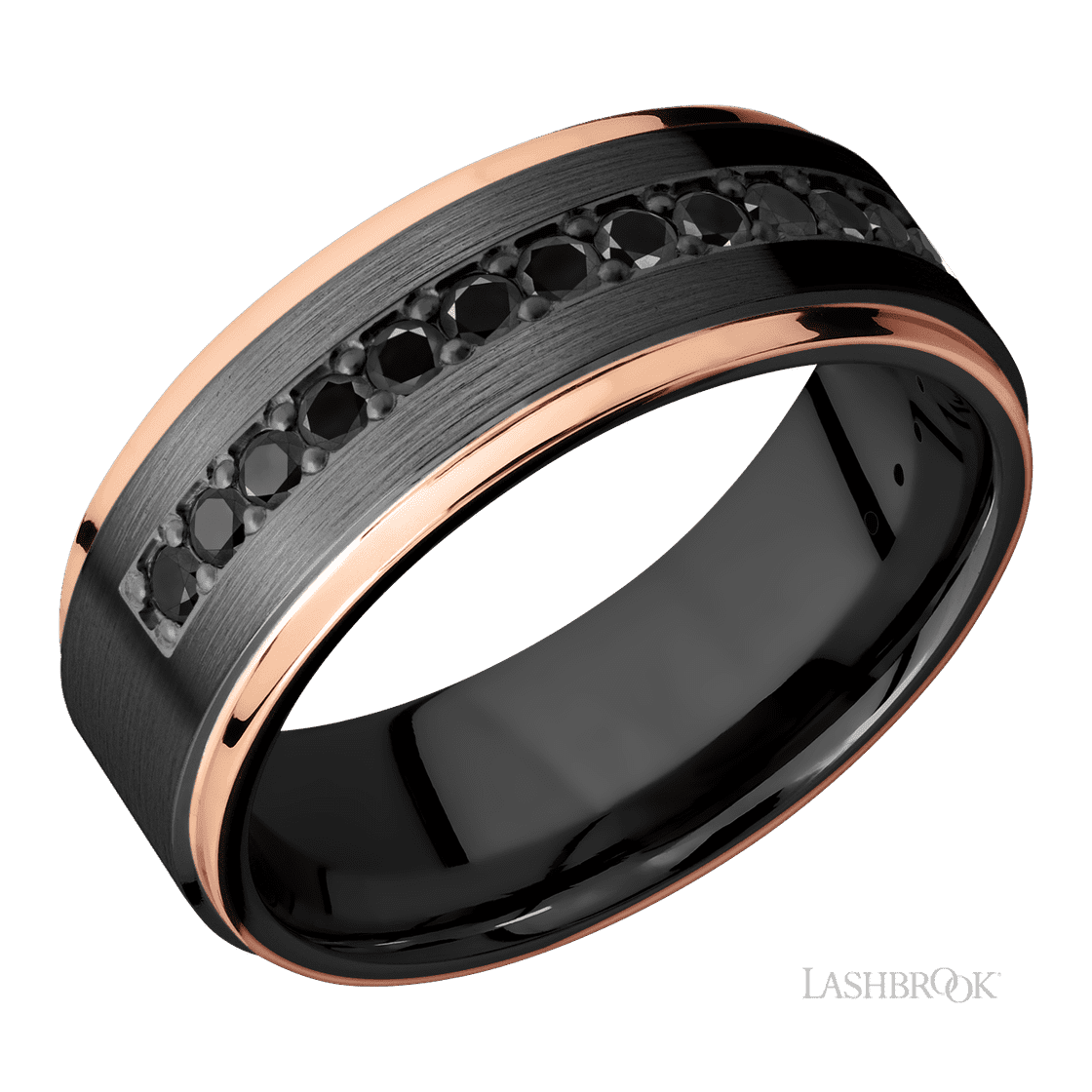 8 mm wide/Flat Grooved Edges/Zirconium band with a Half Eternity arrangement of .03 carat Round Black Diamond stones in a Bead setting and featuring two 1 mm Edge inlays of 14K Rose Gold-Wedding Band-Lashbrook Designs-I don' know or see my size-hurdles-jewelry-boulder-colorado