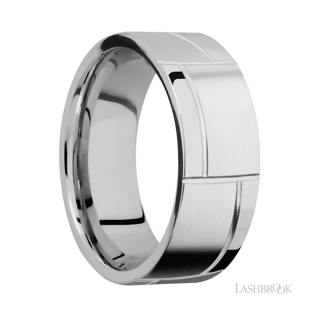 8 mm wide/Flat/14K White Gold band with a machined 3GOCHR pattern.-Wedding Band-Lashbrook Designs-I don' know or see my size-hurdles-jewelry-boulder-colorado
