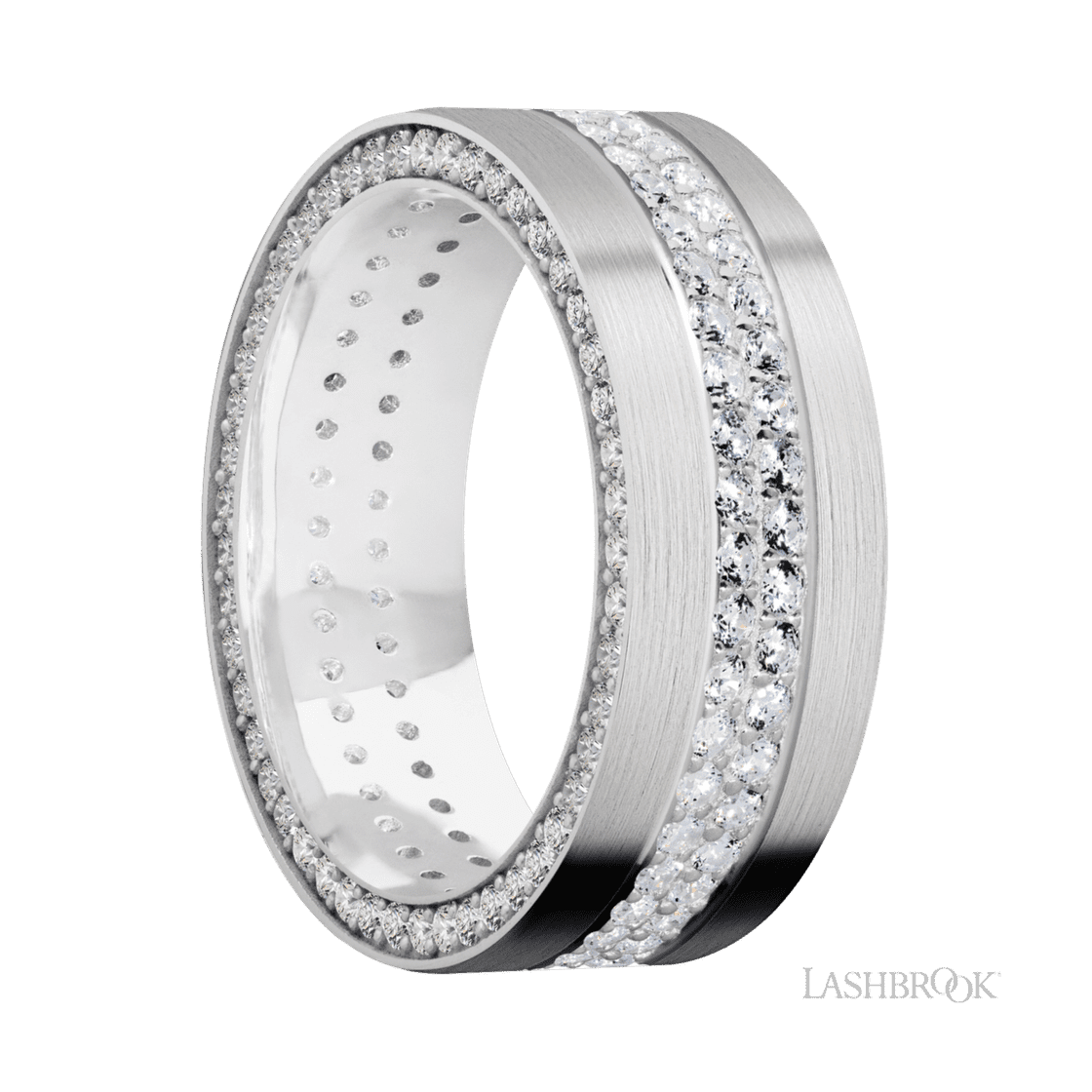 8 mm wide/Flat/14K White Gold band with a Side Eternity arrangement of .01 carat Round Diamond stones in a Bead Channel setting and featuring a a 2 Row Eternity arrangement of .015 carat Round Diamond stones in a Bead Channel setting-Wedding Band-Lashbrook Designs-I don' know or see my size-hurdles-jewelry-boulder-colorado