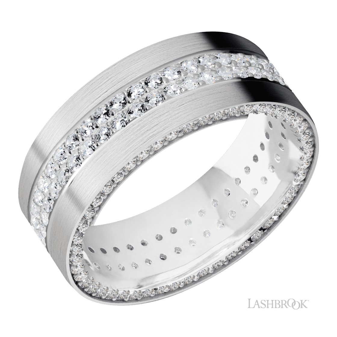 8 mm wide/Flat/14K White Gold band with a Side Eternity arrangement of .01 carat Round Diamond stones in a Bead Channel setting and featuring a a 2 Row Eternity arrangement of .015 carat Round Diamond stones in a Bead Channel setting-Wedding Band-Lashbrook Designs-I don' know or see my size-hurdles-jewelry-boulder-colorado