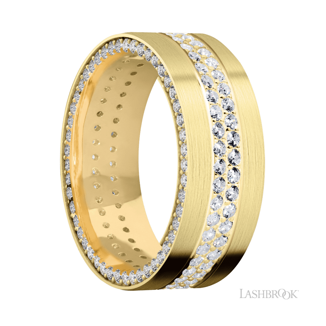 8 mm wide/Flat/14K Yellow Gold band with a Side Eternity arrangement of .01 carat Round Diamond stones in a Bead Channel setting and featuring a a 2 Row Eternity arrangement of .015 carat Round Diamond stones in a Bead Channel setting-Wedding Band-Lashbrook Designs-I don' know or see my size-hurdles-jewelry-boulder-colorado