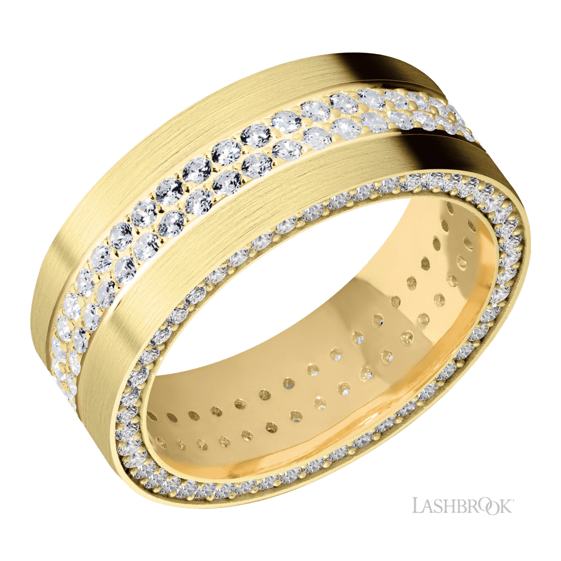 8 mm wide/Flat/14K Yellow Gold band with a Side Eternity arrangement of .01 carat Round Diamond stones in a Bead Channel setting and featuring a a 2 Row Eternity arrangement of .015 carat Round Diamond stones in a Bead Channel setting-Wedding Band-Lashbrook Designs-I don' know or see my size-hurdles-jewelry-boulder-colorado