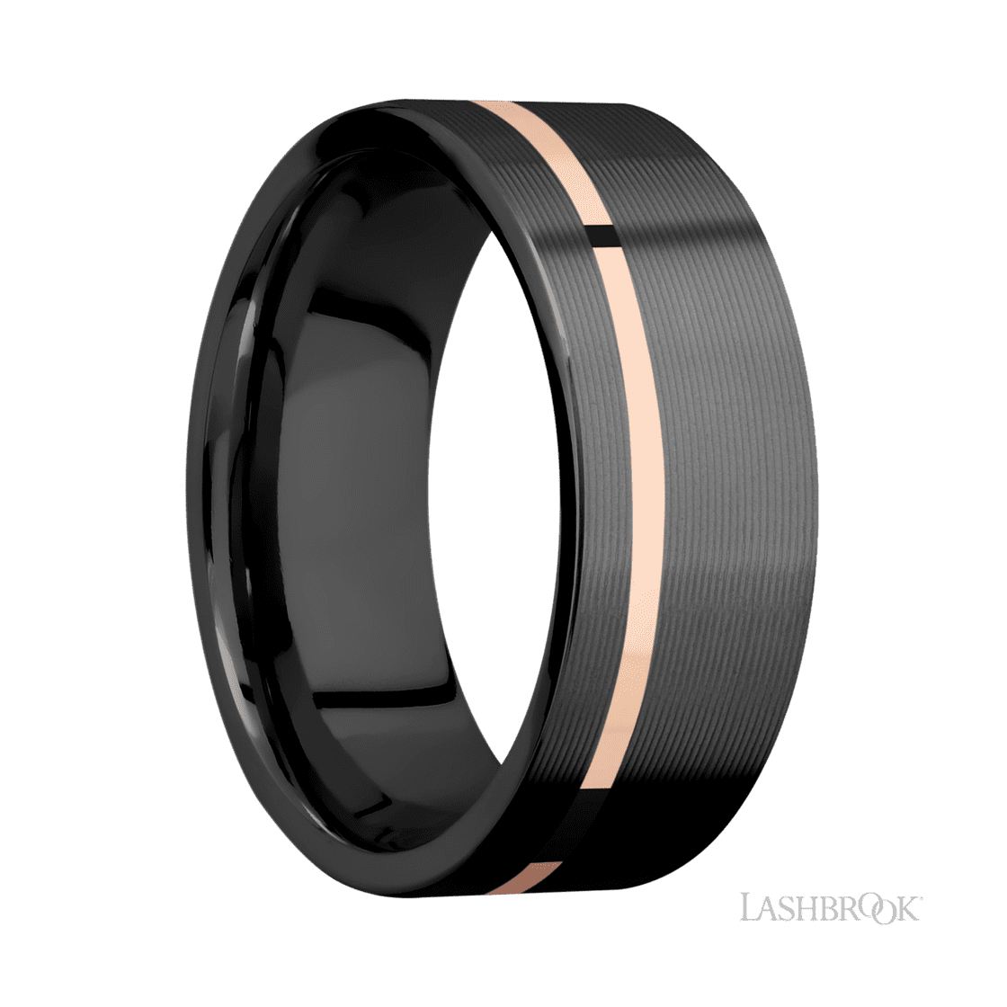 8 mm wide/Flat/Zirconium band with one 1 mm Off Center inlay of 14K Rose Gold.-Wedding Band-Lashbrook Designs-I don' know or see my size-hurdles-jewelry-boulder-colorado