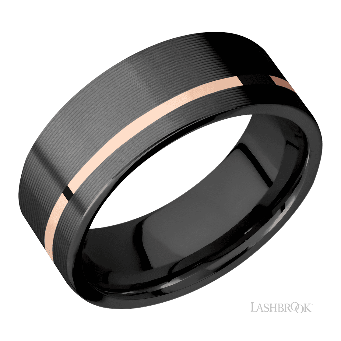 8 mm wide/Flat/Zirconium band with one 1 mm Off Center inlay of 14K Rose Gold.-Wedding Band-Lashbrook Designs-I don' know or see my size-hurdles-jewelry-boulder-colorado