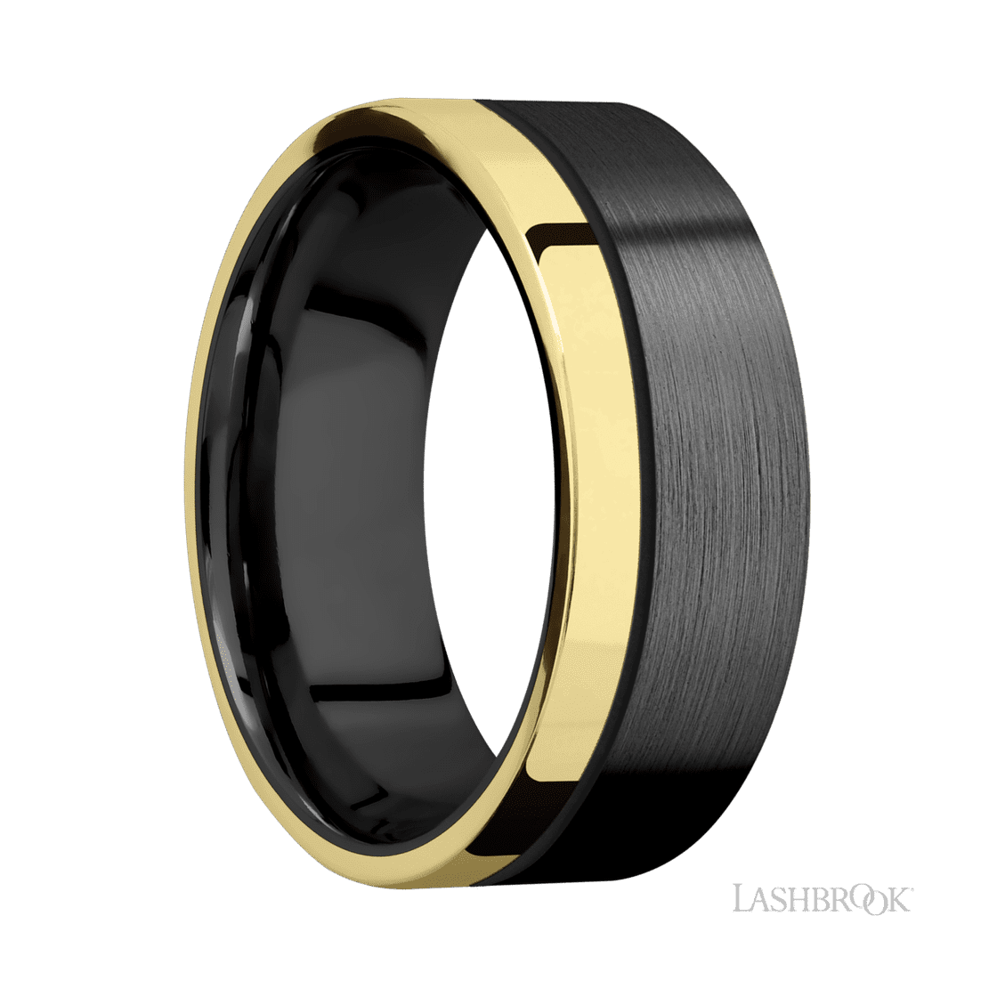 8 mm wide/Flat/Zirconium band with one 2 mm Off Center Edge inlay of 14K Yellow Gold.-Wedding Band-Lashbrook Designs-I don' know or see my size-hurdles-jewelry-boulder-colorado