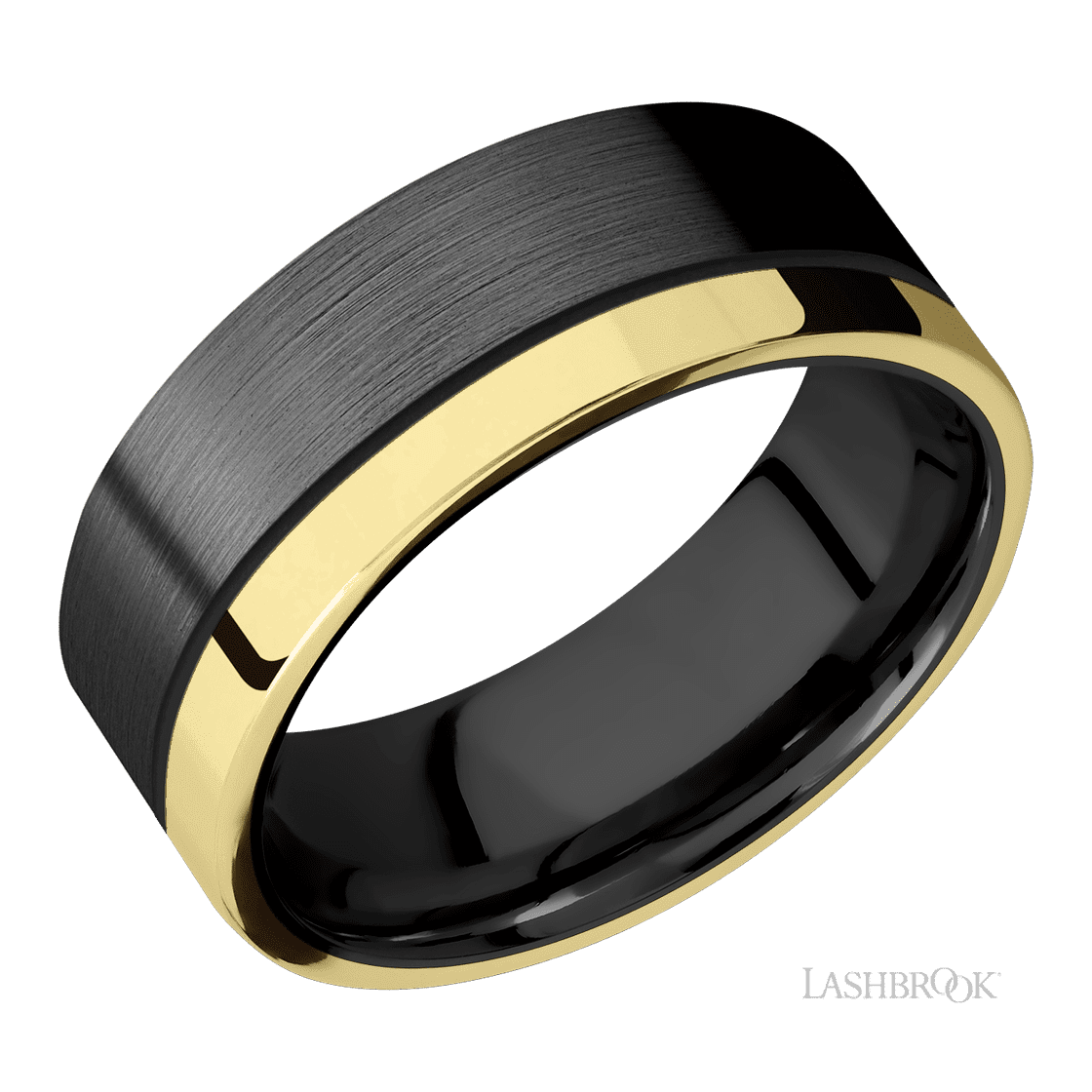 8 mm wide/Flat/Zirconium band with one 2 mm Off Center Edge inlay of 14K Yellow Gold.-Wedding Band-Lashbrook Designs-I don' know or see my size-hurdles-jewelry-boulder-colorado