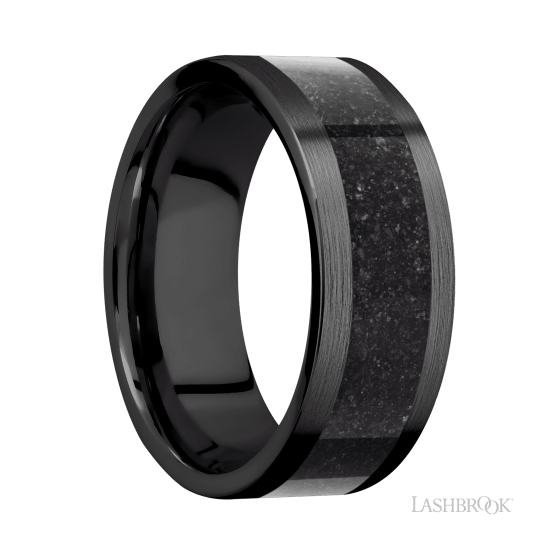 8 mm wide/Flat/Zirconium band with one 5 mm Centered inlay of Dinosaur Bone Black.-Wedding Band-Lashbrook Designs-I don' know or see my size-hurdles-jewelry-boulder-colorado