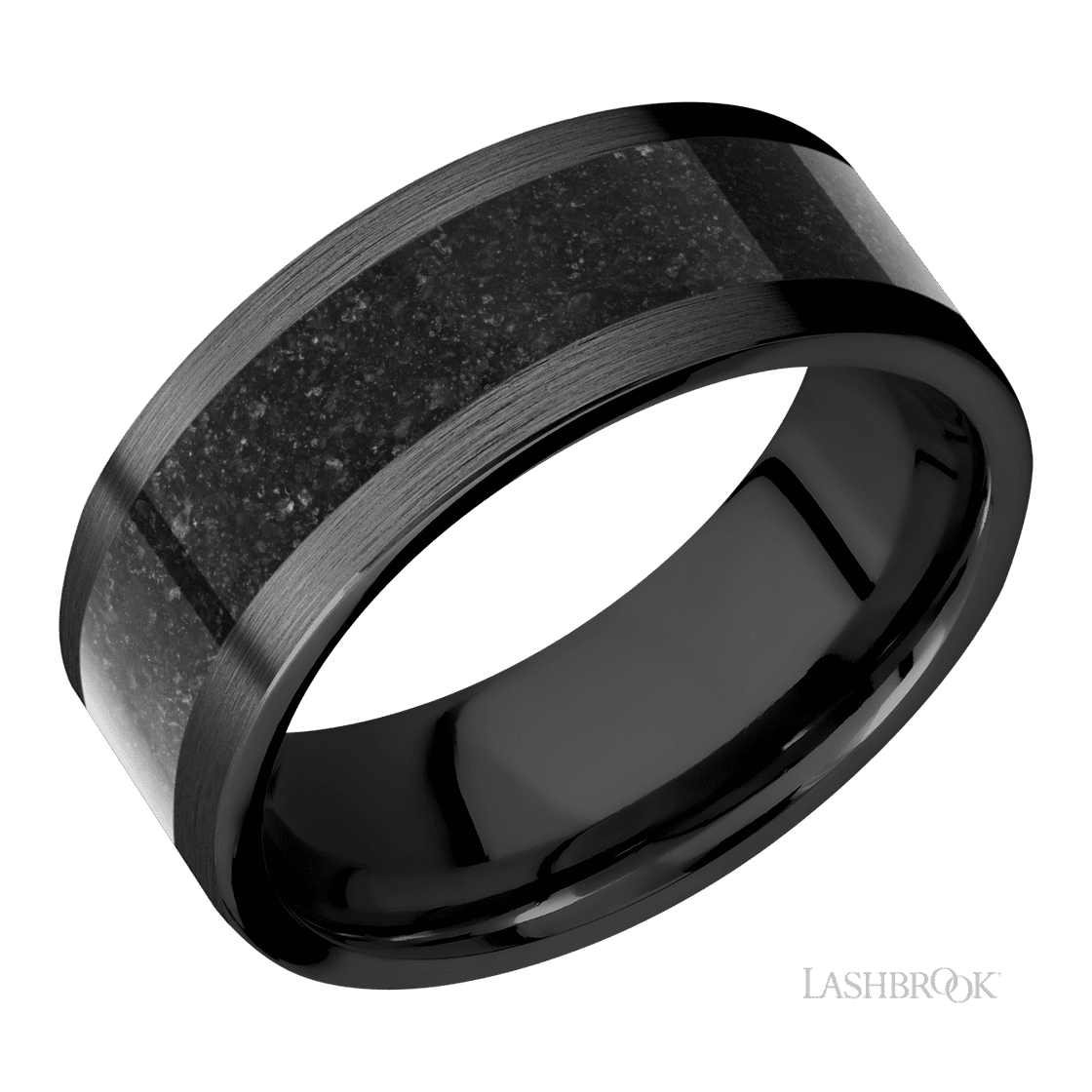 8 mm wide/Flat/Zirconium band with one 5 mm Centered inlay of Dinosaur Bone Black.-Wedding Band-Lashbrook Designs-I don' know or see my size-hurdles-jewelry-boulder-colorado